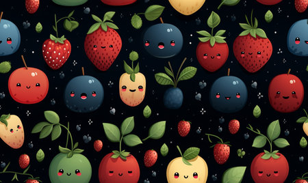 Seamless vector pattern with cute cartoon fruits on black background.の素材