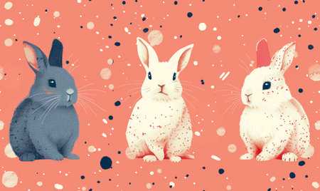 Cute easter bunnies on pink background with dots.の素材