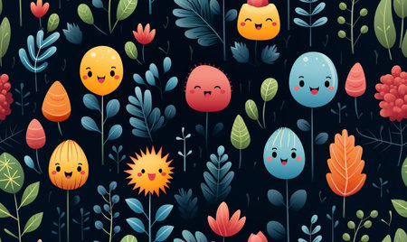 Seamless pattern with cute cartoon monsters and flowers. Vector illustrationの素材
