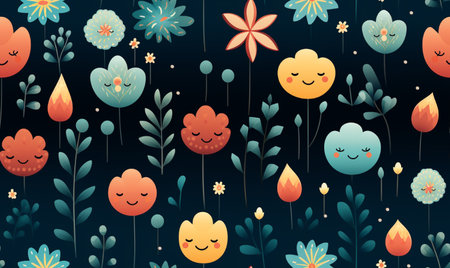 Seamless pattern with cute flowers and plants. Vector illustration.の素材