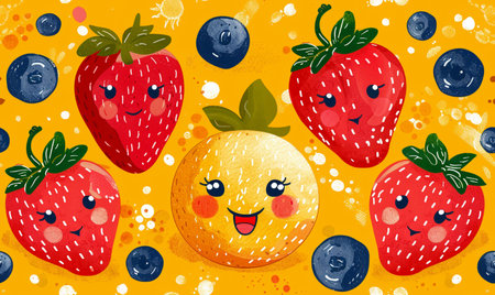 Funny seamless pattern with cute smiling strawberries and blueberries. Vector illustration.の素材