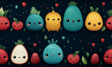 Seamless pattern with cute kawaii fruits on dark background illustrationの素材
