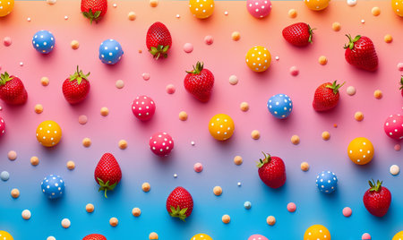 Colorful Easter eggs and strawberries on colorful background. Top view.の素材
