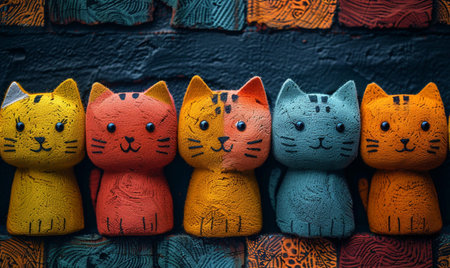 Colorful handmade clay cats on the wall. Colorful background.の素材