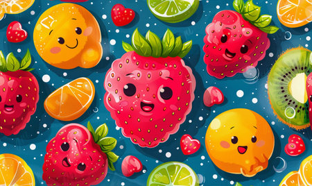Fruit seamless pattern with cartoon strawberry, kiwi, orange, lemon, lime, strawberry, watermelon, kiwi.の素材