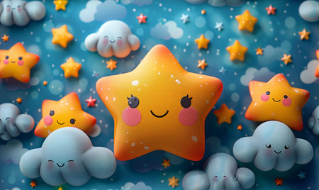 3d rendering of cute star with clouds and stars on blue backgroundの素材