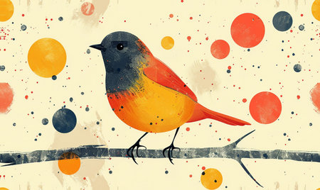 Watercolor illustration of a bird on a branch with colorful dots.の素材