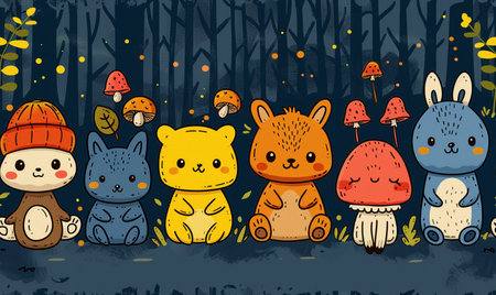 Seamless pattern with cute cartoon animals in forest. Vector illustrationの素材