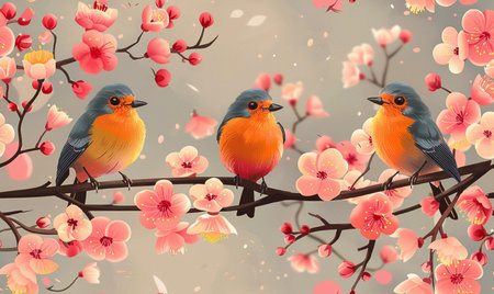 Beautiful spring blossom background with birds and sakura flowers.の素材