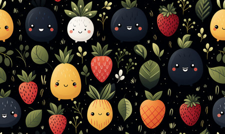 Seamless pattern with cute kawaii fruits on black backgroundの素材