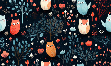 Seamless pattern with cute owls and flowers. Vector illustration.の素材