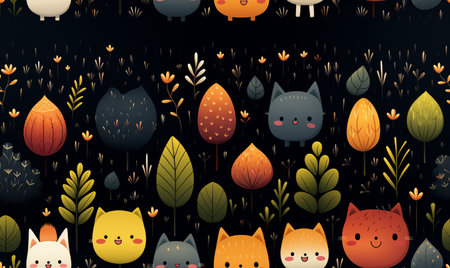 Seamless pattern with cute foxes in the forest. Vector illustration.の素材