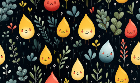 Cute seamless pattern with water drops and leaves. Vector illustration.の素材