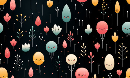 Seamless pattern with cute cartoon flowers and leaves. Vector illustration.の素材