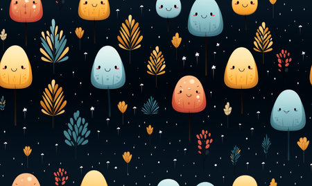 Seamless pattern with cute cartoon trees and plants. Vector illustrationの素材
