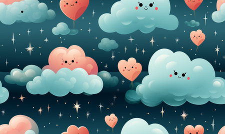 Seamless pattern with cute clouds and hearts. Vector illustration.の素材