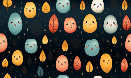 Seamless pattern with cute cartoon eggs and leaves on dark backgroundの素材
