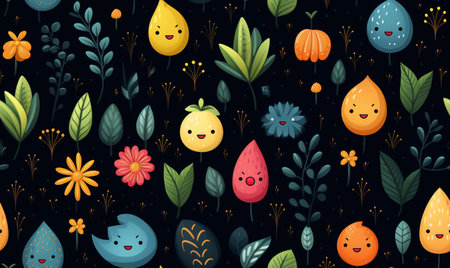 Seamless pattern with cute cartoon characters and flowers. Vector illustration.の素材