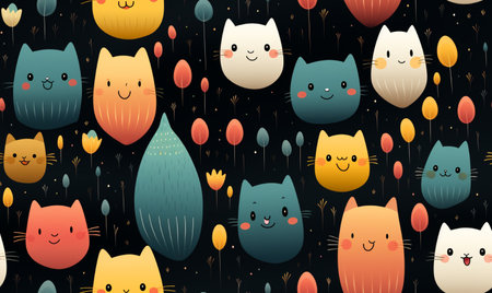Seamless pattern with cute cartoon cats and flowers. Vector illustration.の素材