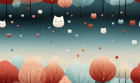 Seamless pattern with cute cats in the forest. Vector illustrationの素材