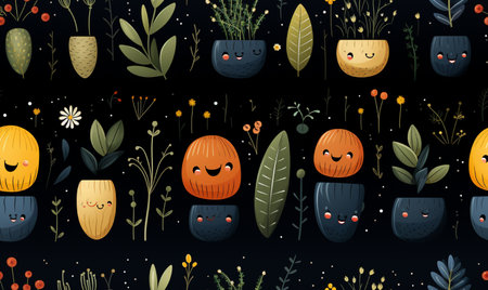 Seamless pattern with funny pumpkins, flowers and plants. Vector illustration.の素材