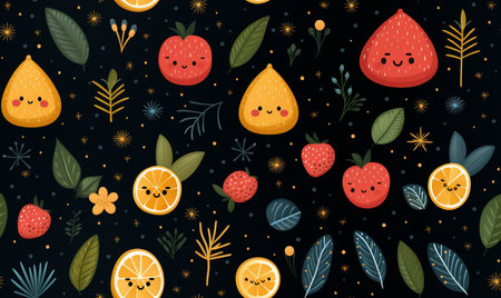 Seamless pattern with cute cartoon fruits on dark background. Vector illustration.の素材