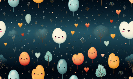 Seamless pattern with cute cartoon trees, hearts and balloons.の素材