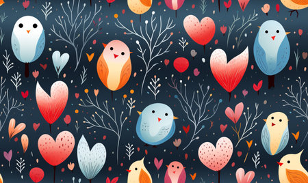 Seamless pattern with cute birds and hearts. Vector illustration.の素材
