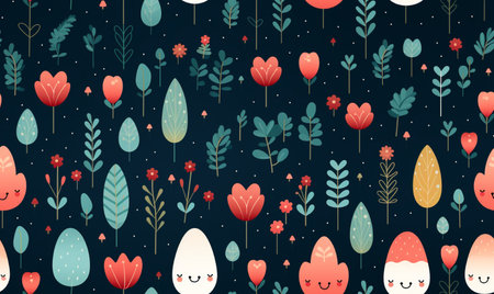 Seamless pattern with cute cartoon flowers and eggs. Vector illustration.の素材