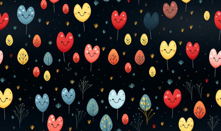 Seamless pattern with cute cartoon flowers and hearts. Vector illustration.の素材