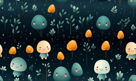 Seamless pattern with cute monsters and trees. Vector illustration.の素材