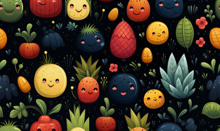 Seamless pattern with funny fruits and vegetables. Vector illustration.の素材