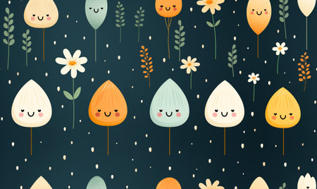 Seamless pattern with cute cartoon flowers and leaves. Vector illustration.の素材