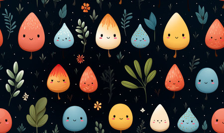 Seamless pattern with cute cartoon fruits on dark background. Vector illustration.の素材