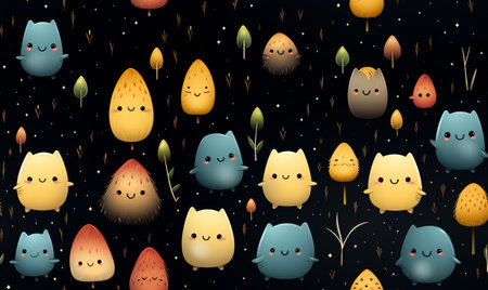 Seamless pattern with cute cartoon monsters on the dark background.の素材