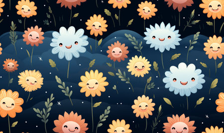 Seamless pattern with cute cartoon flowers on dark background. Vector illustrationの素材