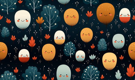 Seamless pattern with cute cartoon kawaii trees. Vector illustration.の素材
