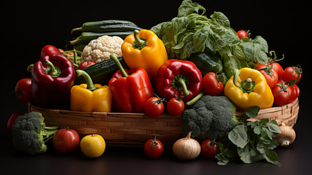 Composition with assorted raw vegetables on black background. Balanced diet.の素材