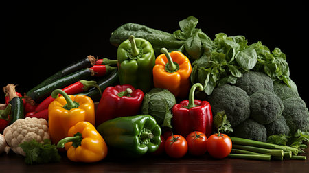 Composition with variety of raw organic vegetables on wooden table. Balanced dietの素材