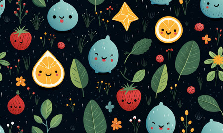 Cute seamless pattern with fruits, berries and leaves. Vector illustration.の素材