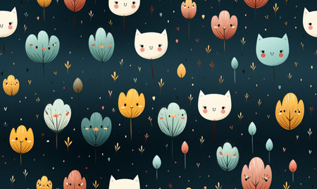 Seamless pattern with cute cats and trees. Vector illustration.の素材