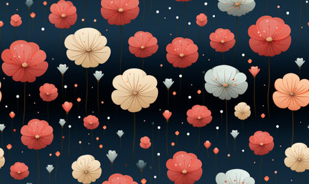 Seamless pattern with red and white poppies on dark blue backgroundの素材
