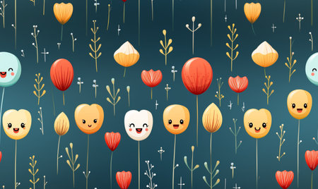Seamless pattern with cute cartoon flowers on dark background. Vector illustration.の素材