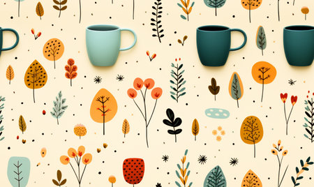 Coffee cup seamless pattern. Hand drawn autumn leaves and berries background. Vector illustration.の素材