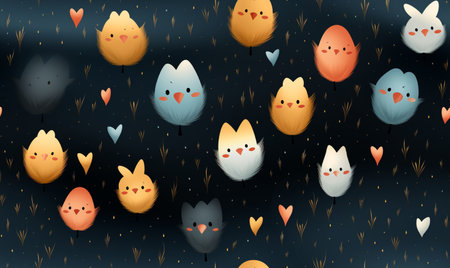 Seamless pattern with cute cartoon birds and hearts on dark background.の素材