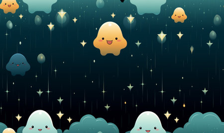 Seamless background with cute cartoon kawaii clouds and starsの素材