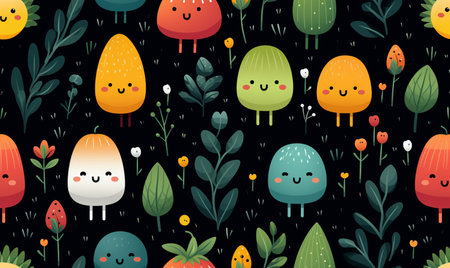 Seamless pattern with cute cartoon kawaii fruits. Vector illustration.の素材