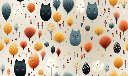 Seamless pattern with autumn forest and cats. Vector illustration.の素材