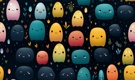 Seamless pattern with cute monsters on dark background. Vector illustration.の素材