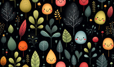 Seamless pattern with cute cartoon trees and plants on black backgroundの素材